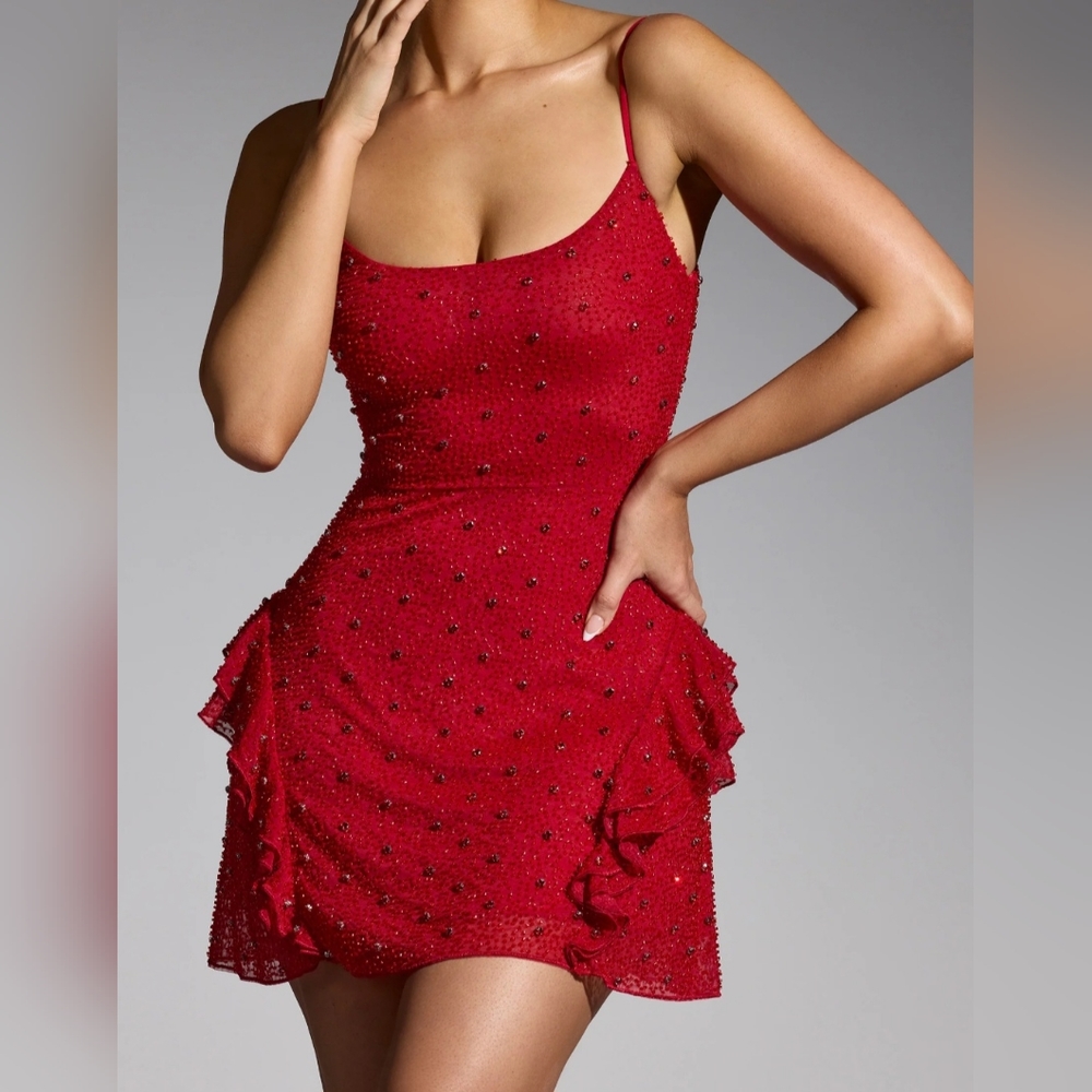 New with Tags, Oh Polly Embellished Frill Mini Dress in Red, Size 10